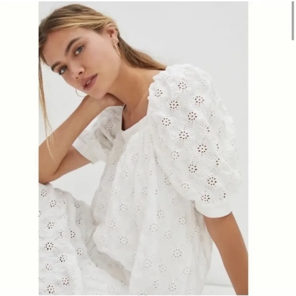 Anthropologie White Maeve Puff Sleeve Eyelet Mini Dress Size S